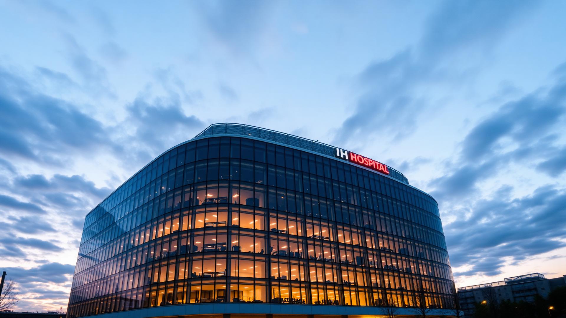 Modern hospital building illuminated at dusk